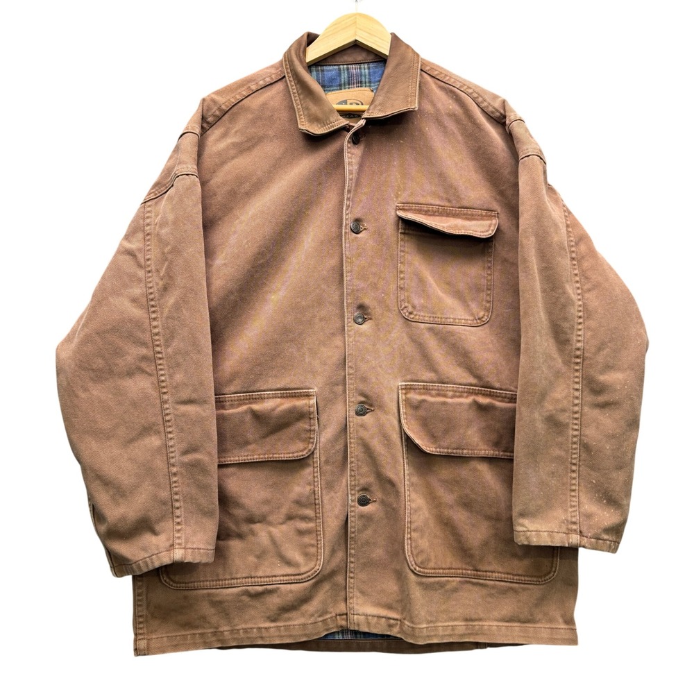 ID Wear Canvas Chore Coat Men Large Brown Flannel Lined Leather Trim Workwear